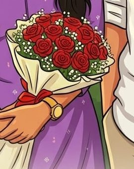 Anjana's hands holding a bouquet of red roses and baby's breath.
